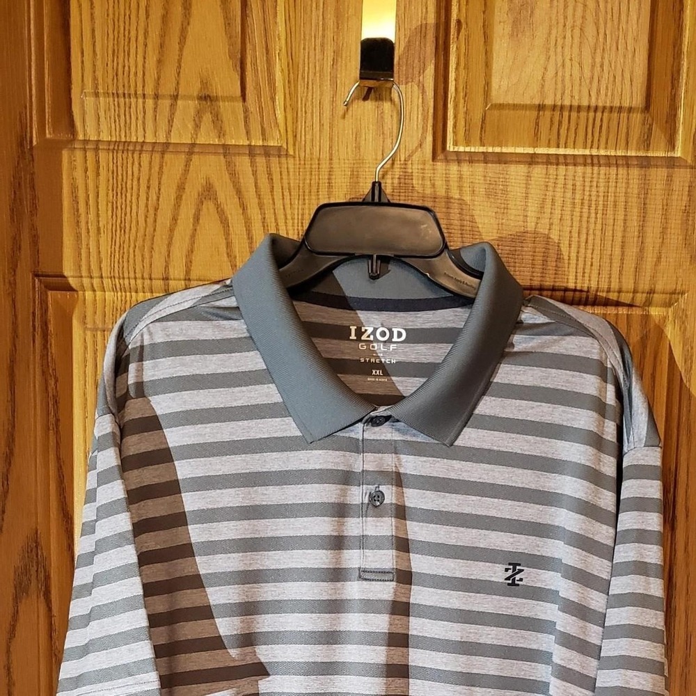 Gray striped polo shirt, short sleeve, light weight.